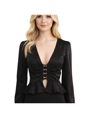 Forever 21 Black Satin Peplum Hook Front Blouse Size Small